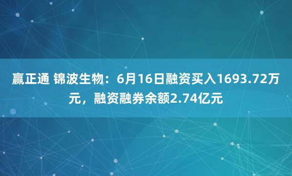 赢正通 锦波生物：6月16日融资买入1693.72万元，融资融券余额2.74亿元